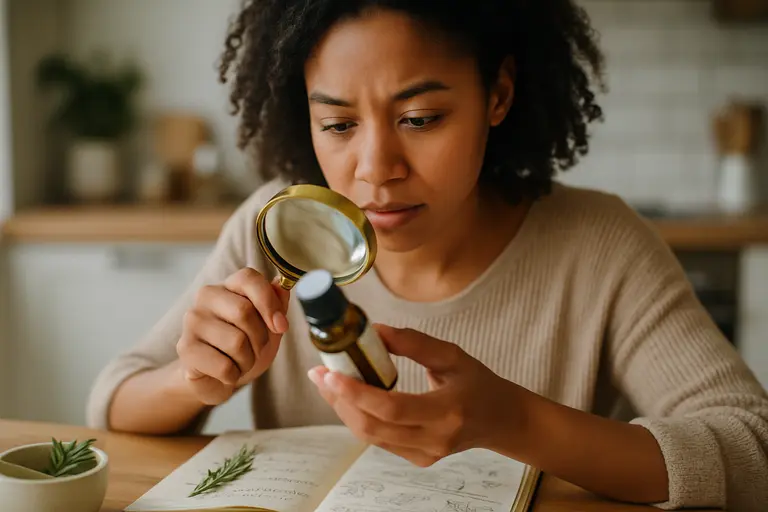 Hands comparing skincare ingredient labels on amber and white bottles