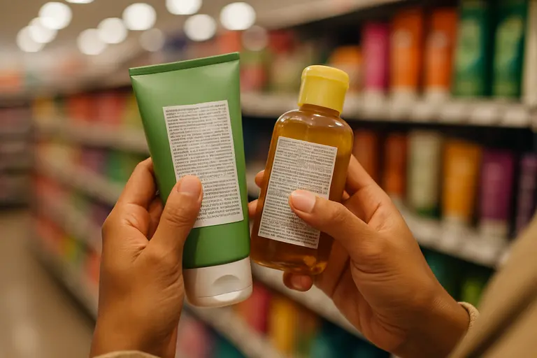 Hands comparing two skincare product labels in soft daylight