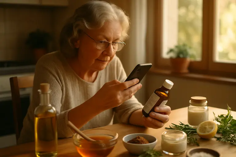 Hands reviewing several skincare products on a clean table