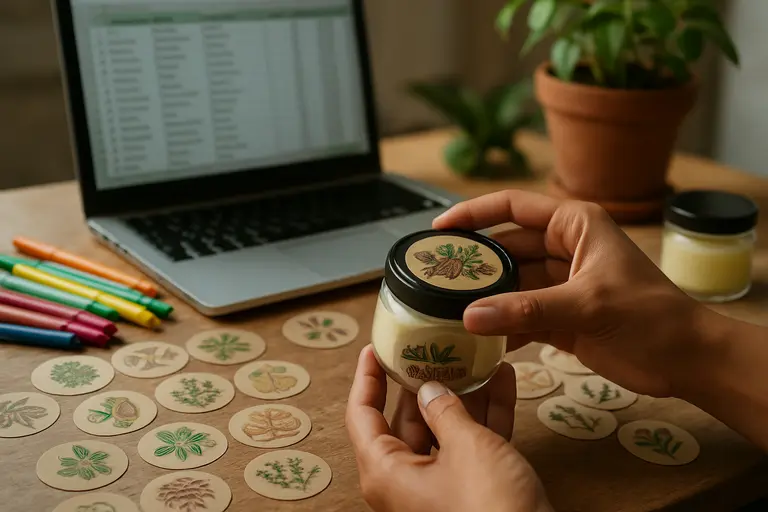 Handwritten cosmetic labels next to small jars and supplier paperwork