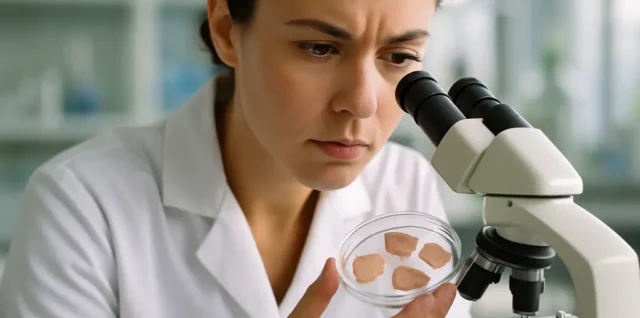 Human-Based Research tools beside skincare bottles on a clean lab bench