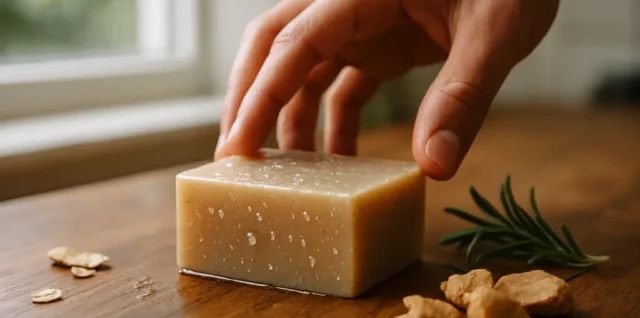 natural ingredient claims shown beside soap bars and an ingredient label