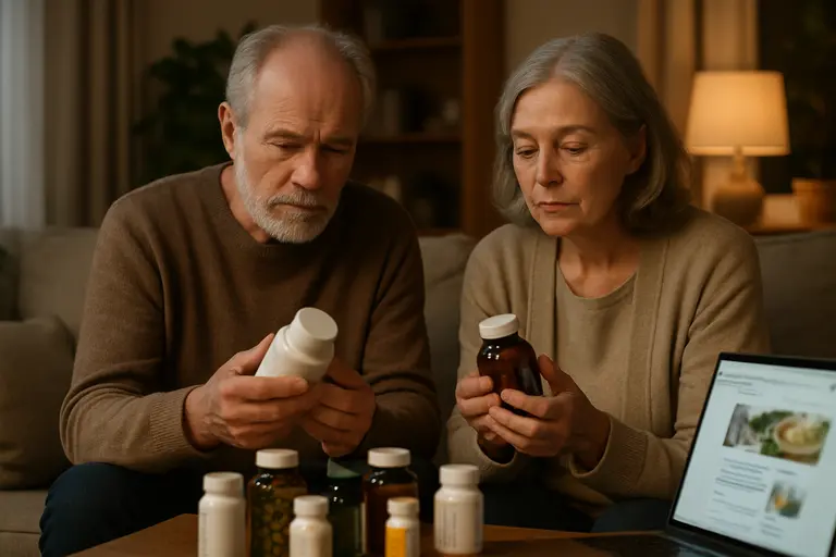 Older adult reviewing supplement bottles with a healthcare checklist