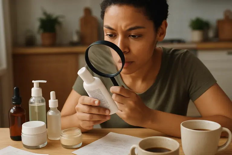 Person comparing sunscreen labels at a bathroom counter