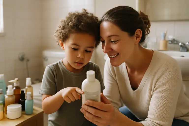 Person reading a skincare label while comparing two personal care products
