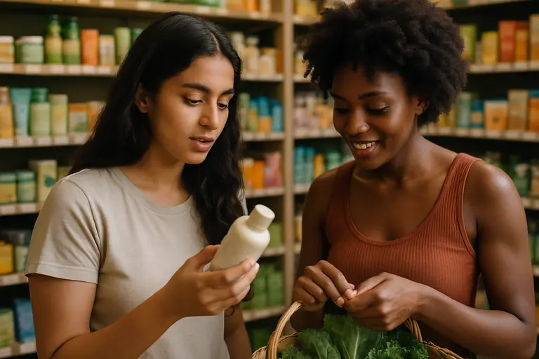 Person reading an ingredient label beside skincare and food products
