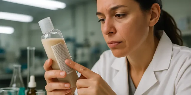 PFAS Restrictions label review on a cosmetic bottle beside ingredient notes