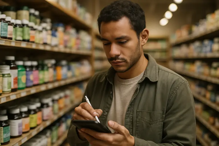 Shopper comparing two supplement bottles in a calm retail aisle