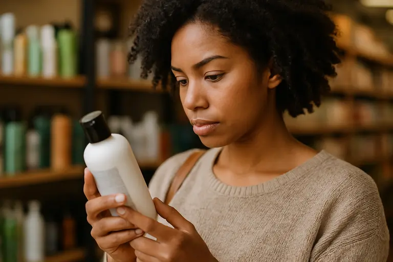 shopper holding a personal care bottle while reviewing the back label