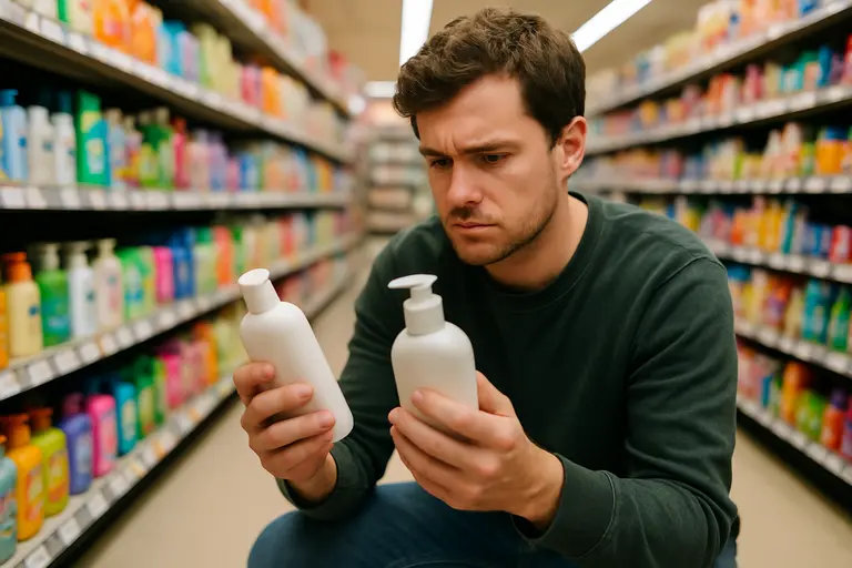 Shopper reading a personal care label in a store aisle