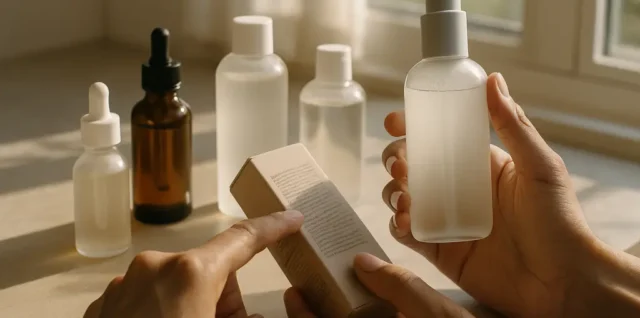 Skincare regulation changes shown through bottles and ingredient labels on a bathroom counter
