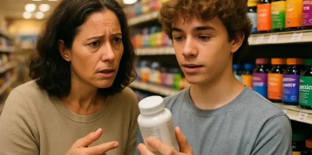 Supplement Marketing To Minors shown through supplement bottles and a family reading labels