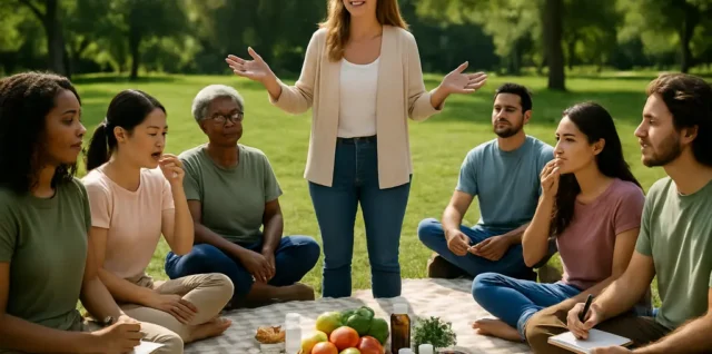 Community educator discussing supplement use labels with adults at a wellness workshop